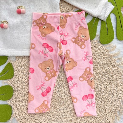 Conj. Casaco de Linho Pompons e Calça Legging em Plush - Areia e Rosa